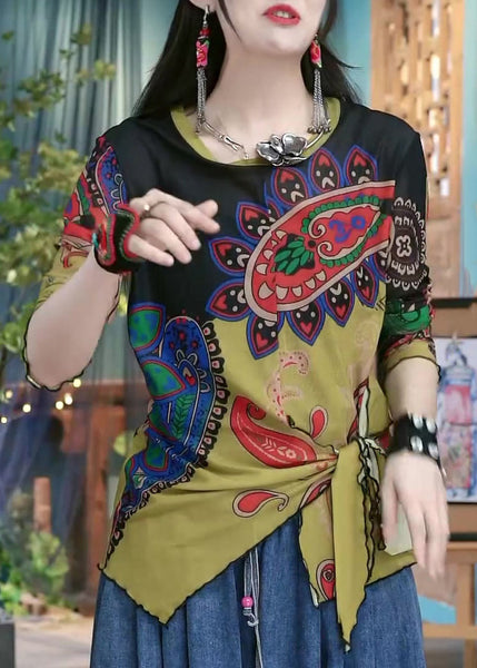 Women Colorblock Print Lace Up Cotton Top Long Sleeve ZL028 SH-LF-LTP240621