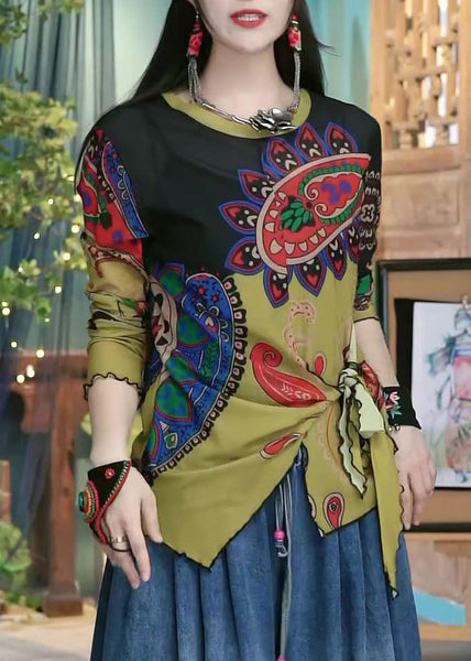 Women Colorblock Print Lace Up Cotton Top Long Sleeve ZL028 SH-LF-LTP240621