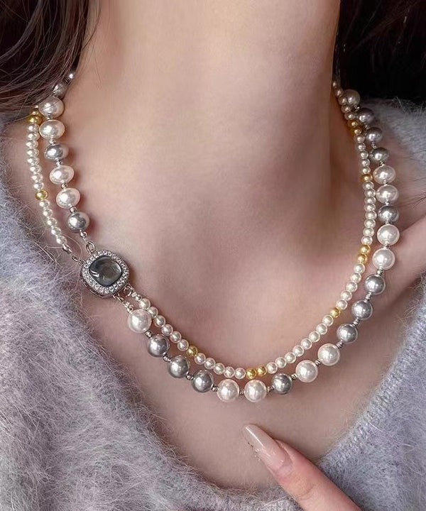 Women Colorblock Sterling Silver Zircon Double Layer Pearl Square Gratuated Bead Necklace WQ025 JEW-EAR241102