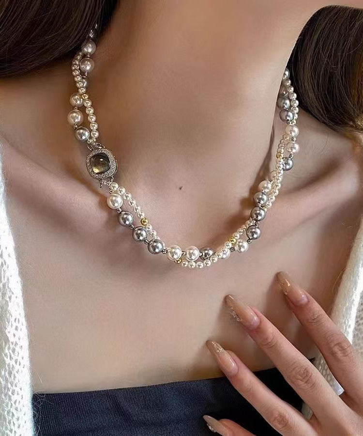 Women Colorblock Sterling Silver Zircon Double Layer Pearl Square Gratuated Bead Necklace WQ025 JEW-EAR241102