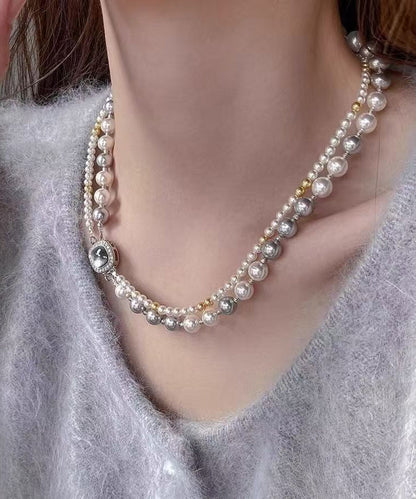 Women Colorblock Sterling Silver Zircon Double Layer Pearl Square Gratuated Bead Necklace WQ025 JEW-EAR241102