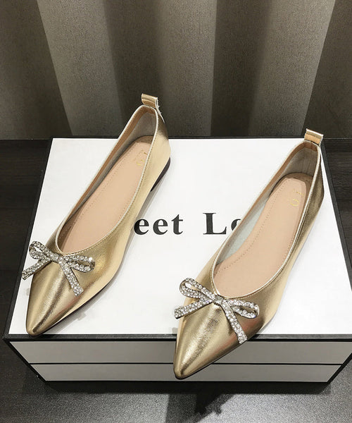 Pointed Splicing Shoes Comfy Flat Faux Leather Women Gold Bow Toe FashionChic