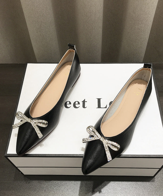 Pointed Splicing Shoes Comfy Flat Faux Leather Women Gold Bow Toe FashionChic