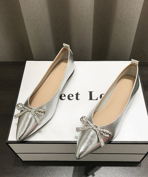 Pointed Splicing Shoes Comfy Flat Faux Leather Women Gold Bow Toe FashionChic