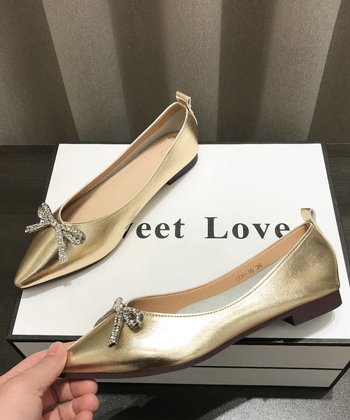 Pointed Splicing Shoes Comfy Flat Faux Leather Women Gold Bow Toe FashionChic