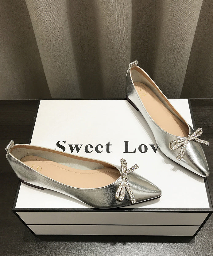 Pointed Splicing Shoes Comfy Flat Faux Leather Women Gold Bow Toe FashionChic
