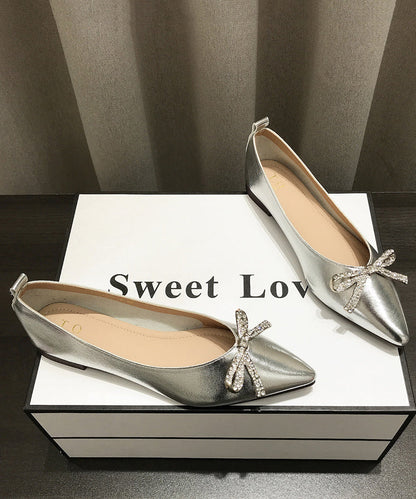 Pointed Splicing Shoes Comfy Flat Faux Leather Women Gold Bow Toe FashionChic