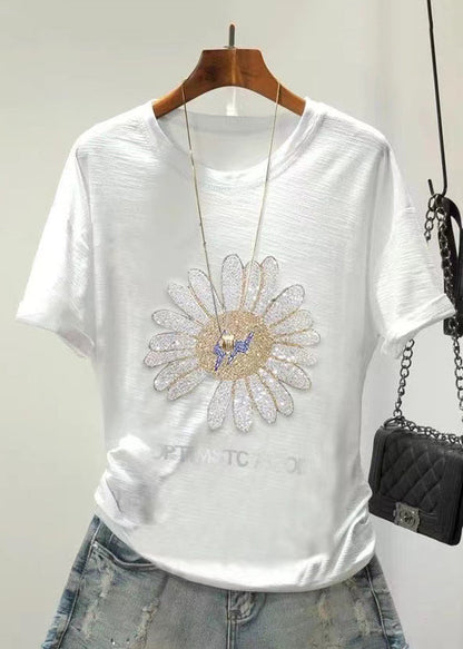 Women Daisy Zircon O Neck Cotton T Shirts Summer GH1003 Ada Fashion