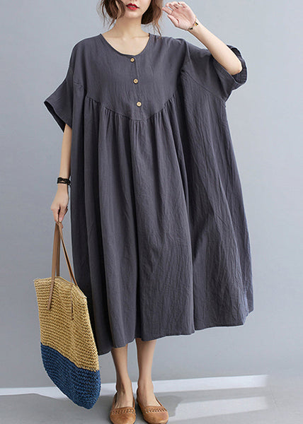 Women Dark Grey Patchwork Button Long Dresses Short Sleeve GH1018 Ada Fashion