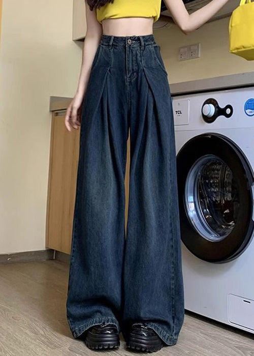 Women Denim Blue Button Pockets Denim Wide Leg Pants Summer PP036 OM-NZ240827