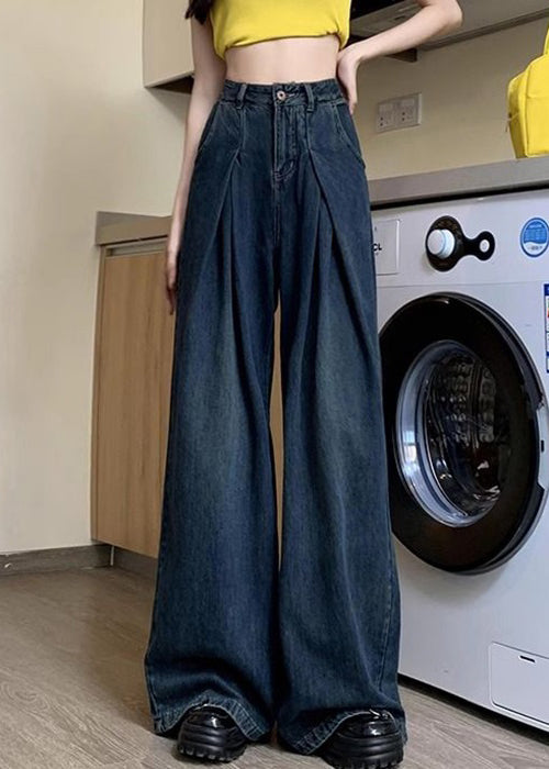 Women Denim Blue Button Pockets Denim Wide Leg Pants Summer PP036 OM-NZ240827