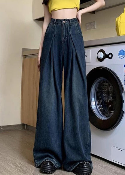 Women Denim Blue Button Pockets Denim Wide Leg Pants Summer PP036 OM-NZ240827