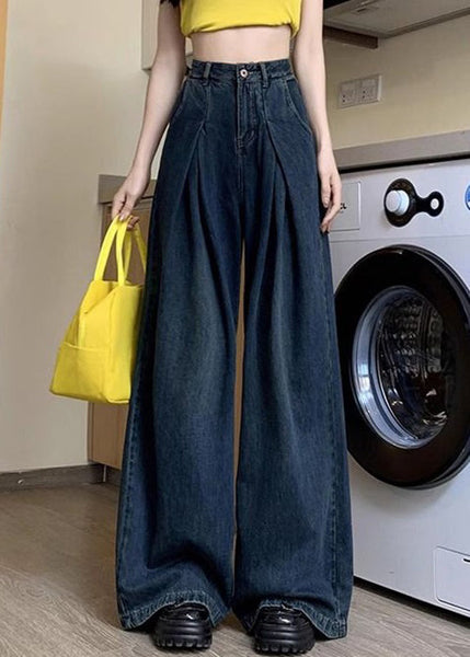 Women Denim Blue Button Pockets Denim Wide Leg Pants Summer PP036 OM-NZ240827