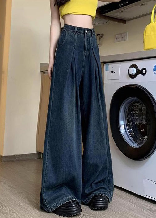 Women Denim Blue Button Pockets Denim Wide Leg Pants Summer PP036 OM-NZ240827