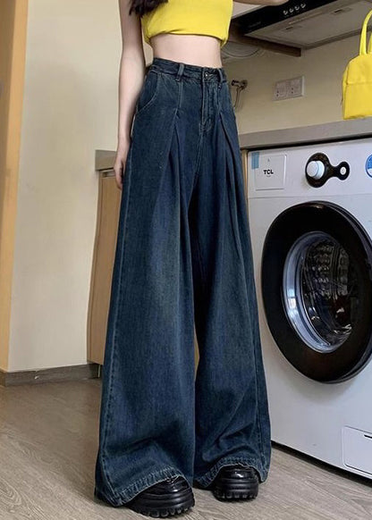 Women Denim Blue Button Pockets Denim Wide Leg Pants Summer PP036 OM-NZ240827