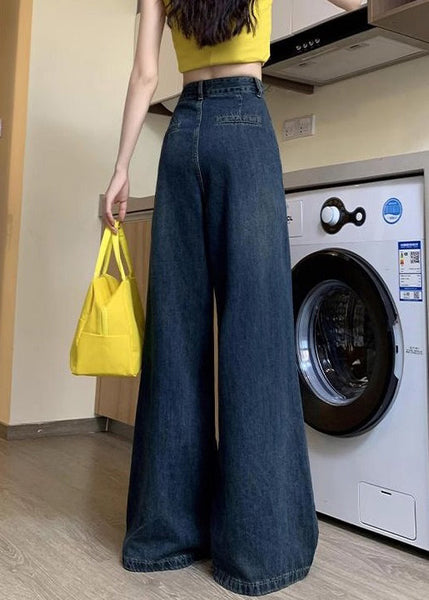 Women Denim Blue Button Pockets Denim Wide Leg Pants Summer PP036 OM-NZ240827