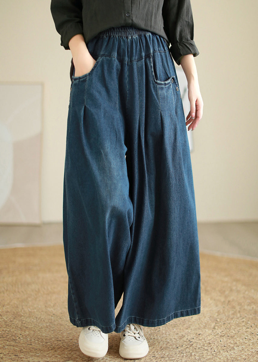 Women Denim Blue Pockets Elastic Waist Flare Pants Fall QE078 HS-LPTS240925