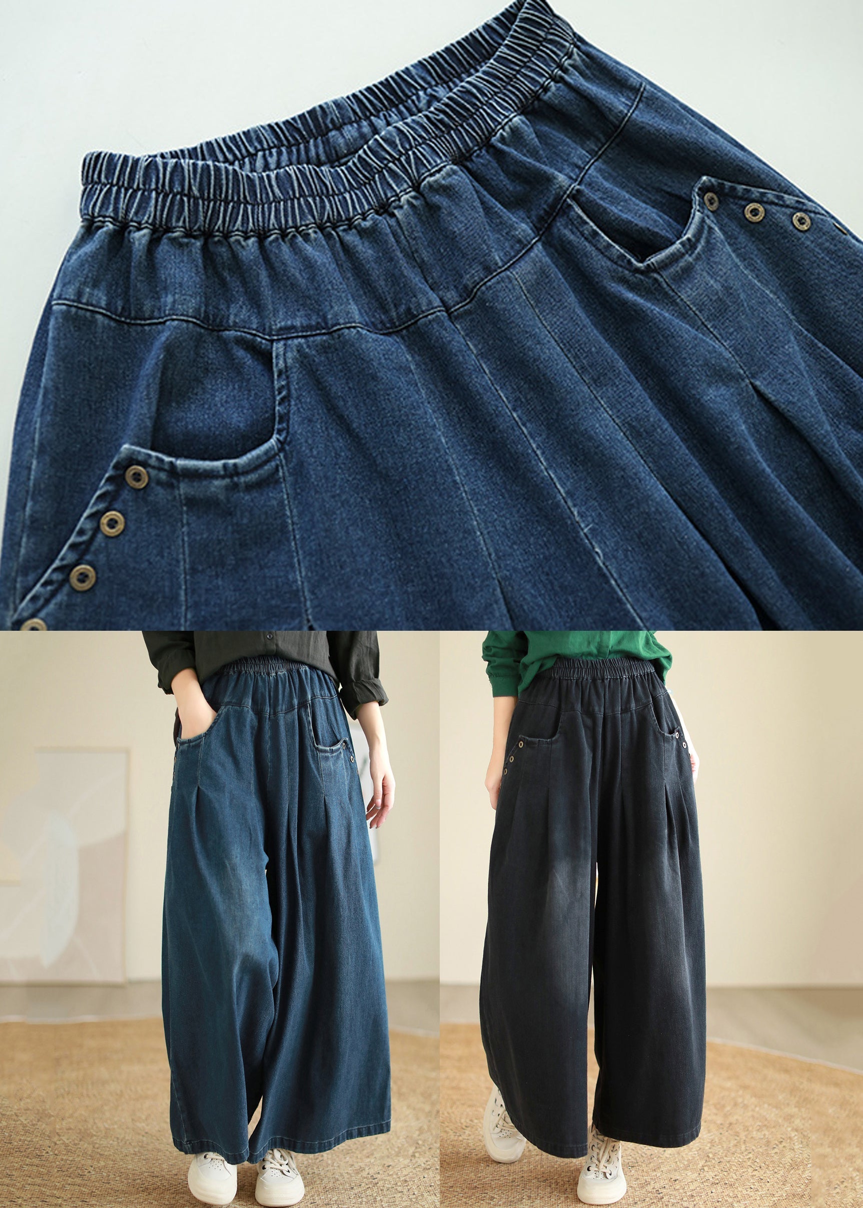 Women Denim Blue Pockets Elastic Waist Flare Pants Fall QE078 HS-LPTS240925