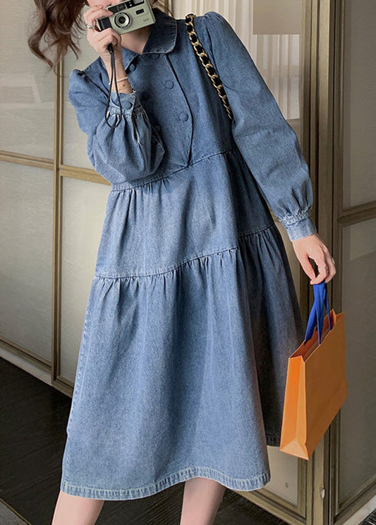 Women Denim Blue Wrinkled Patchwork Long Dress Spring RP009 ABC