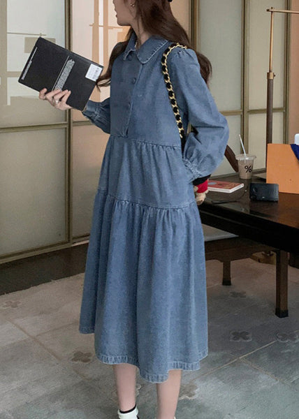 Women Denim Blue Wrinkled Patchwork Long Dress Spring RP009 ABC