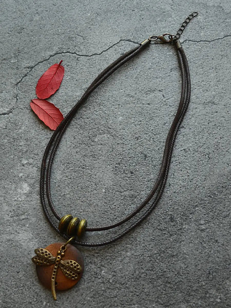 Women Ethnic Alloy Dragonfly Wooden Pandent Necklace Ada Fashion