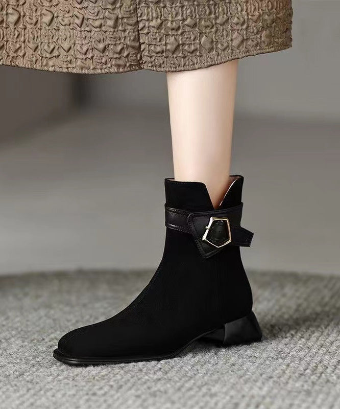 Women Fashion Splicing Chunky Boots Black Suede RD009 ABC