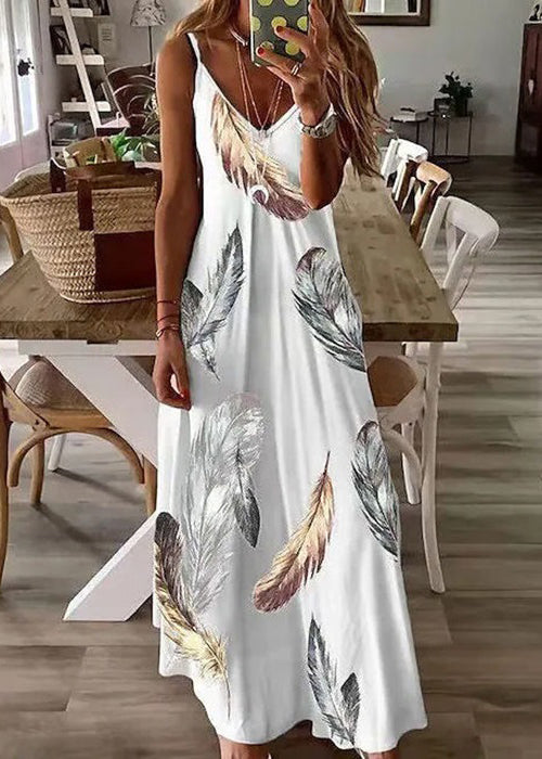 Women Feather Print V Neck Cotton Long Dresses Sleeveless WW1043 Ada Fashion