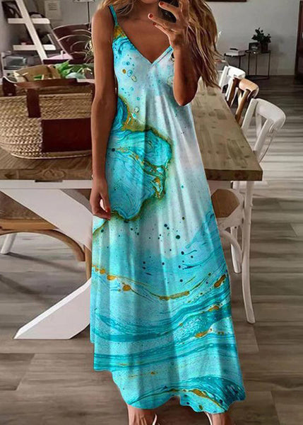 Women Feather Print V Neck Cotton Long Dresses Sleeveless WW1043 Ada Fashion