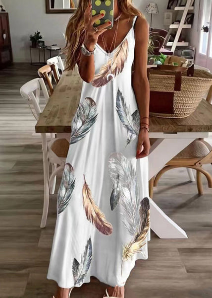 Women Feather Print V Neck Cotton Long Dresses Sleeveless WW1043 Ada Fashion