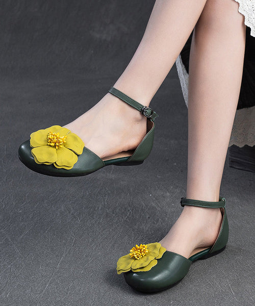 Women Floral Splicing Walking Sandals Green Cowhide Leather YC014 ABC
