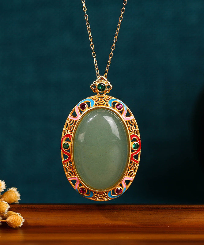 Women Gold Copper Overgild Jade Enamel Auspicious Clouds Pendant Necklace KX1058 Ada Fashion