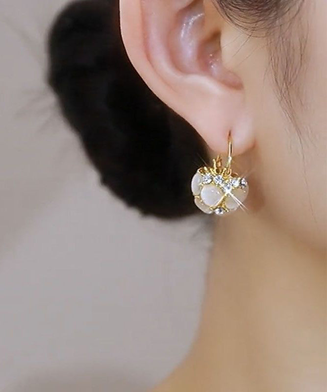 Women Gold Sterling Silver Overgild Cat Eye Stone Flower Basket Hoop Earrings WH025 JEW-EAR241116