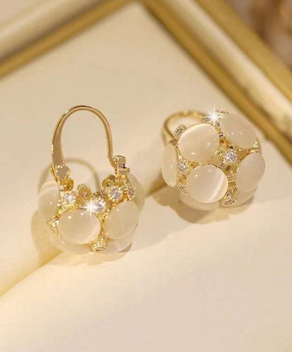 Women Gold Sterling Silver Overgild Cat Eye Stone Flower Basket Hoop Earrings WH025 JEW-EAR241116