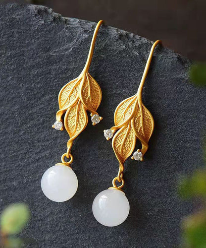 Women Gold Sterling Silver Overgild Zircon Jade Leaf Drop Earrings QQ075 JEW-EAR240811