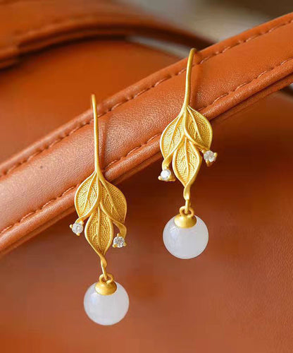 Women Gold Sterling Silver Overgild Zircon Jade Leaf Drop Earrings QQ075 JEW-EAR240811