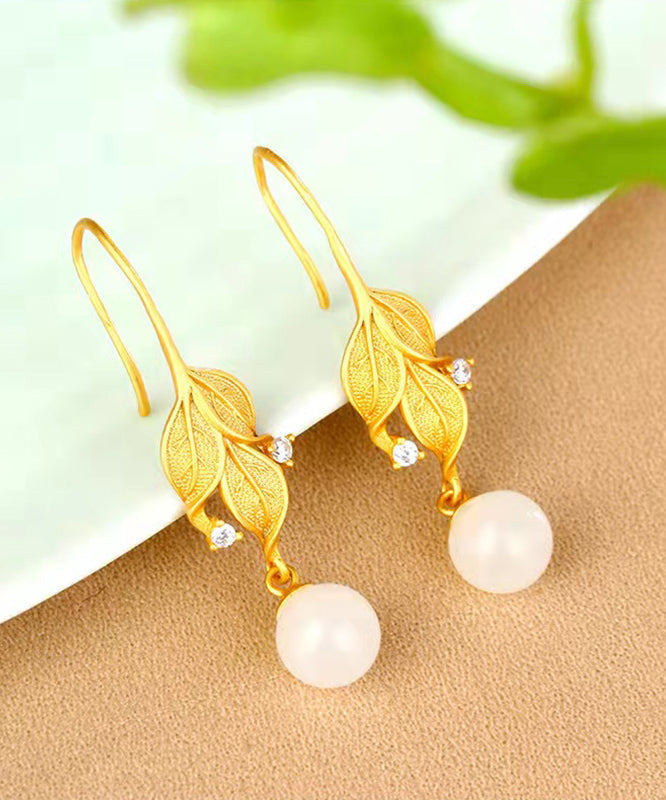 Women Gold Sterling Silver Overgild Zircon Jade Leaf Drop Earrings QQ075 JEW-EAR240811