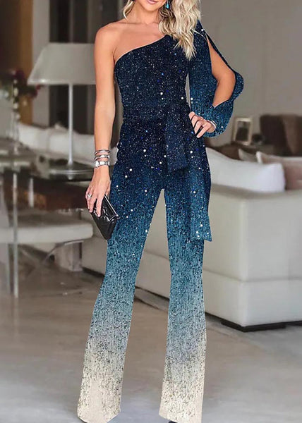 Women Blue One Two Asymmetrical Design Sequins Gradient Shoulder FashionChic