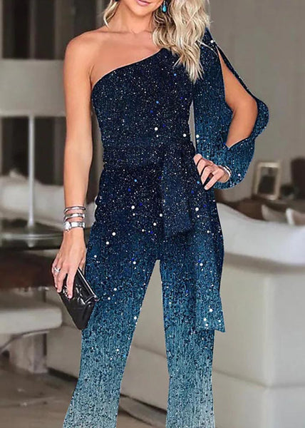 Women Blue One Two Asymmetrical Design Sequins Gradient Shoulder FashionChic