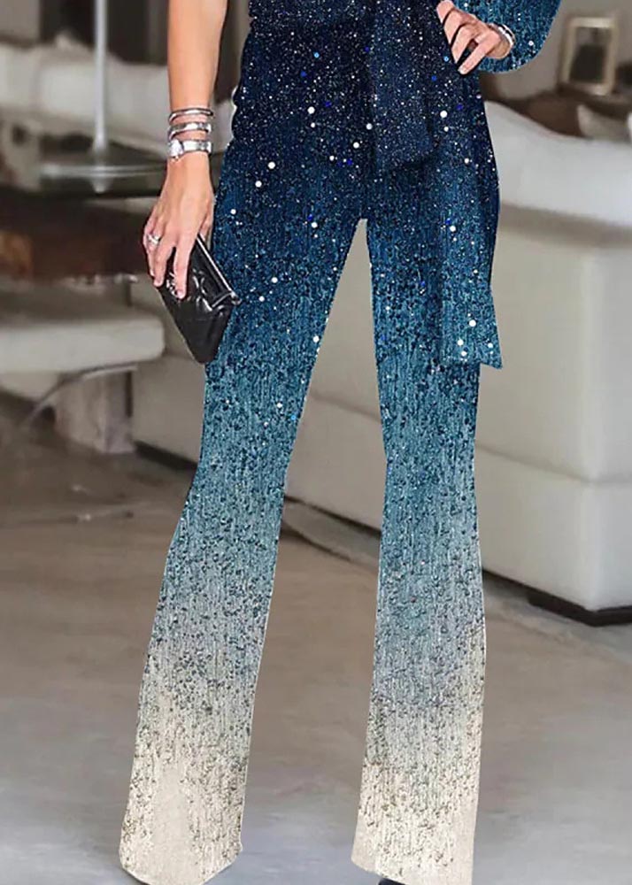Women Blue One Two Asymmetrical Design Sequins Gradient Shoulder FashionChic