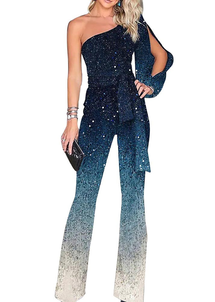 Women Blue One Two Asymmetrical Design Sequins Gradient Shoulder FashionChic
