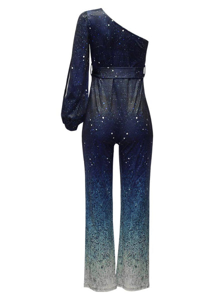 Women Blue One Two Asymmetrical Design Sequins Gradient Shoulder FashionChic