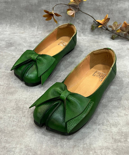 Women Green Bow Split Toe Cowhide Leather Flat Shoes For RT1043 Ada Fashion