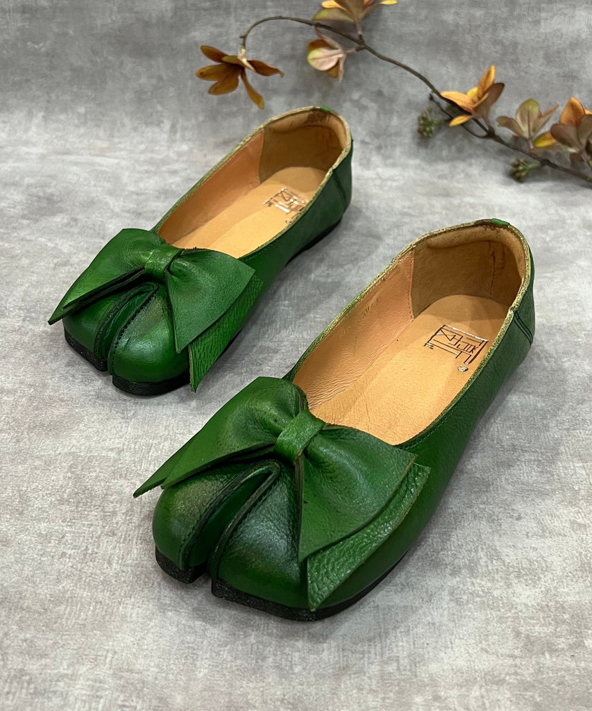 Women Green Bow Split Toe Cowhide Leather Flat Shoes For RT1043 Ada Fashion