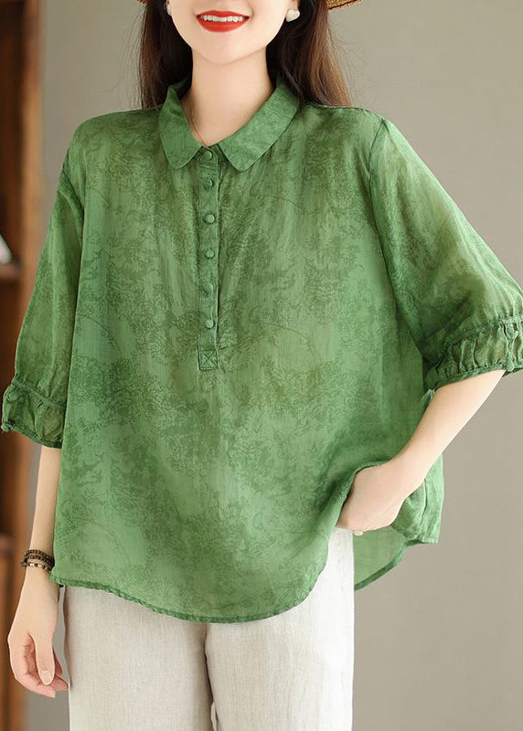 Women Green Button Print Linen Shirt Summer GG052 MZF-HTP240610