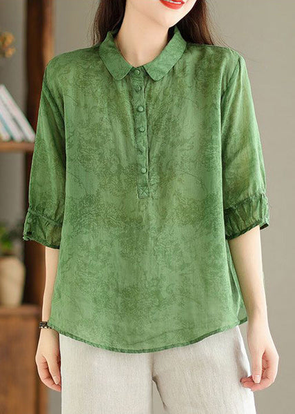 Women Green Button Print Linen Shirt Summer GG052 MZF-HTP240610
