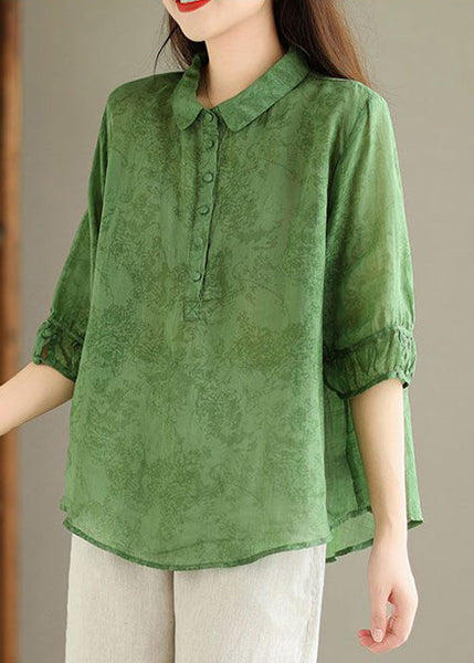 Women Green Button Print Linen Shirt Summer GG052 MZF-HTP240610