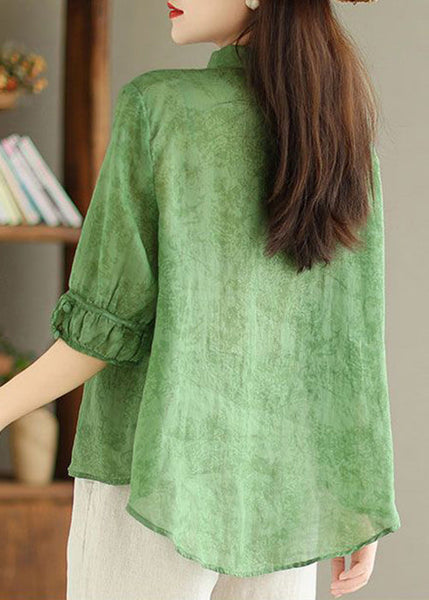 Women Green Button Print Linen Shirt Summer GG052 MZF-HTP240610