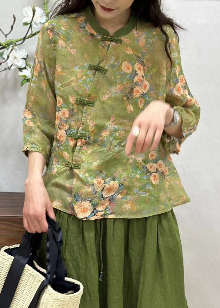 Women Green Chinese Button Print Linen Shirt Bracelet Sleeve JH005 MMDM-HTP240717