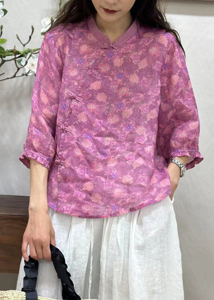 Women Green Chinese Button Print Linen Shirt Bracelet Sleeve JH005 MMDM-HTP240717