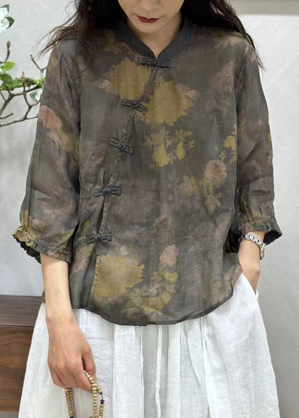 Women Green Chinese Button Print Linen Shirt Bracelet Sleeve JH005 MMDM-HTP240717